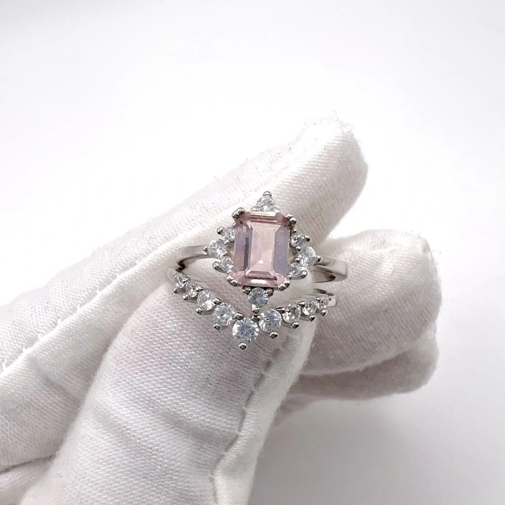 .925 Sterling Silver Light Morganite Cz & Clear Cz 2 PC Ring Set - Picture 4 of 17